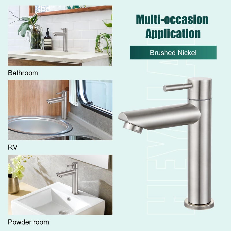 Heyalan Cold Water Only Bathroom Sink Faucet Stainless Steel SUS304 Brushed Nickel Single Handle One Hole Deck Mount Lavatory Faucet (Drain Not Included) - Image 5